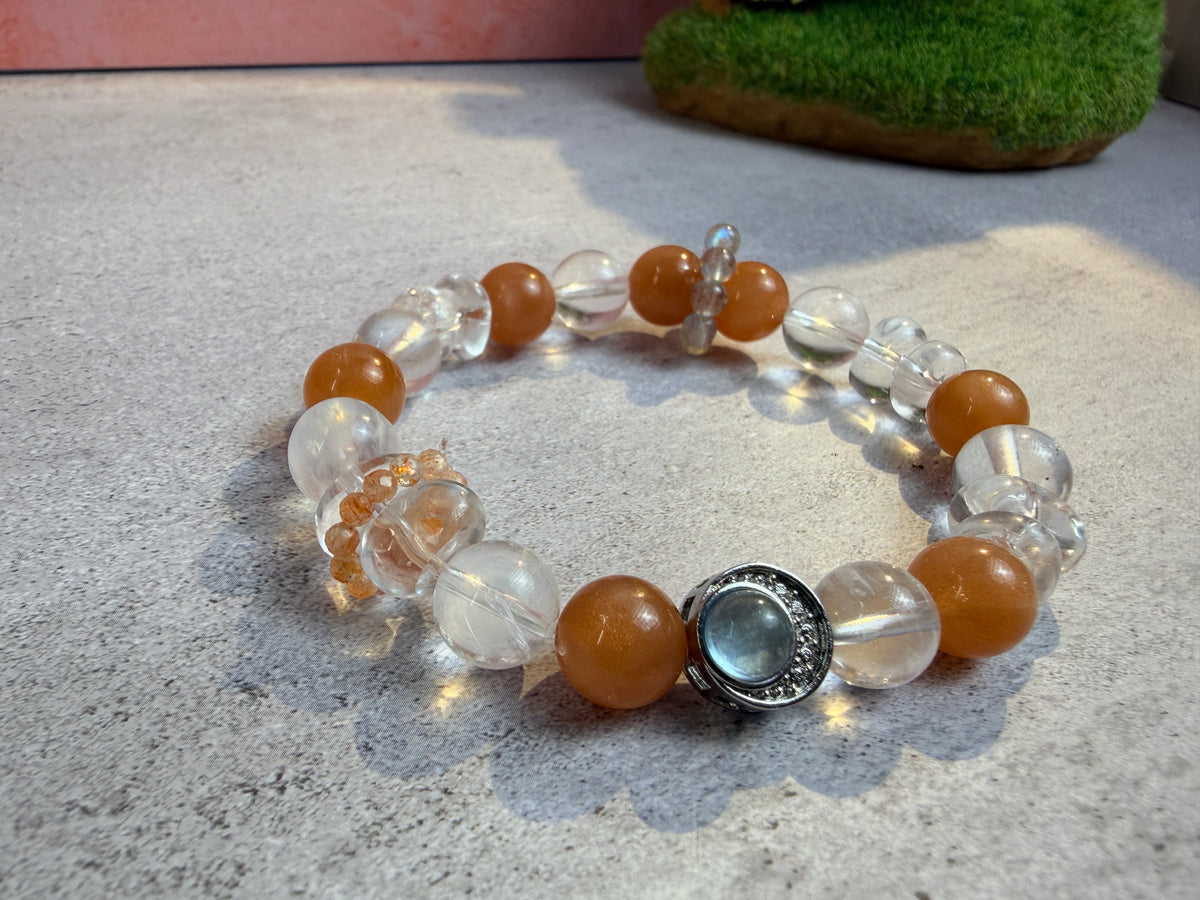 Orange Moonstone and White Crystal Bracelet