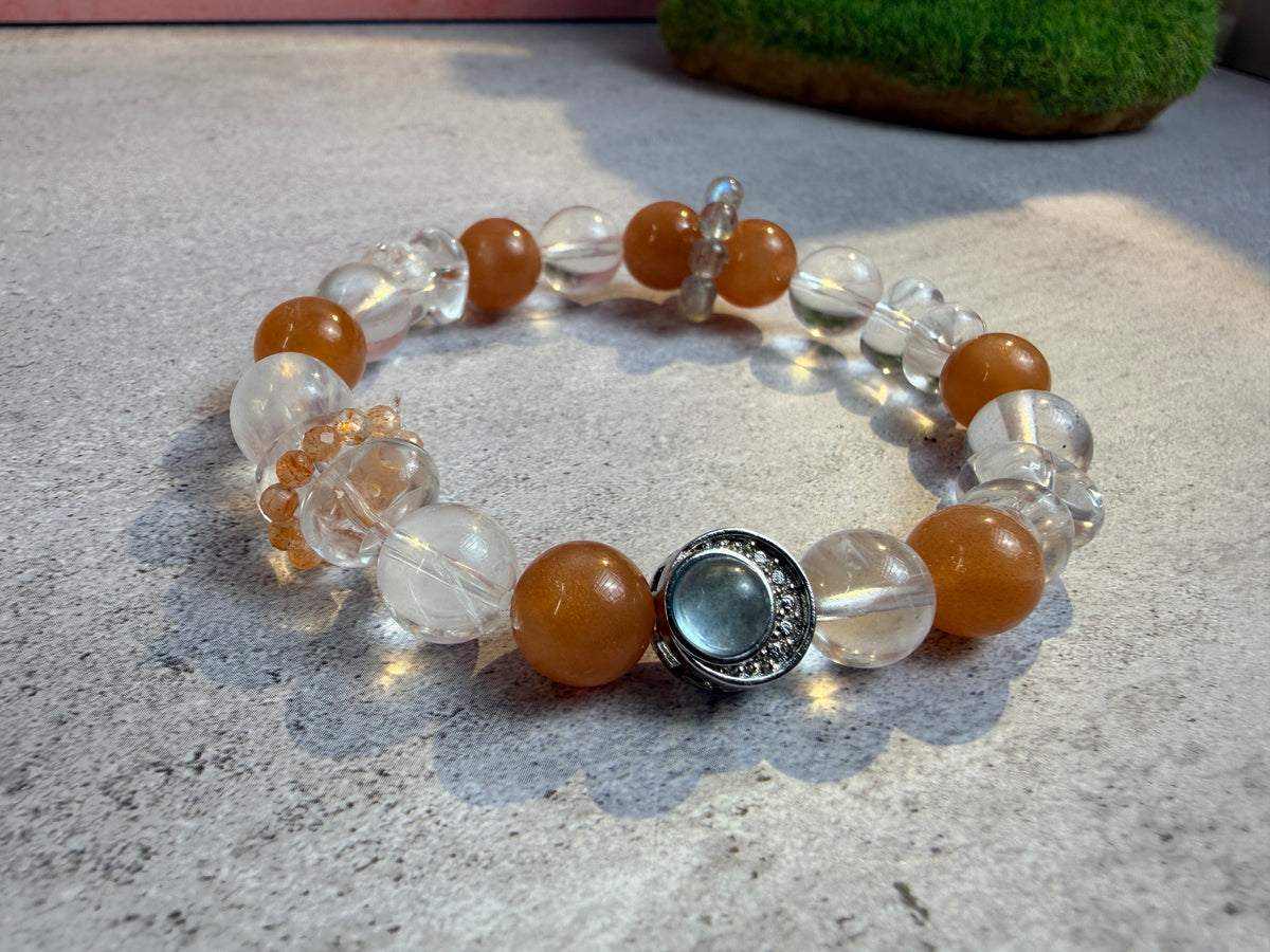 Orange Moonstone and White Crystal Bracelet